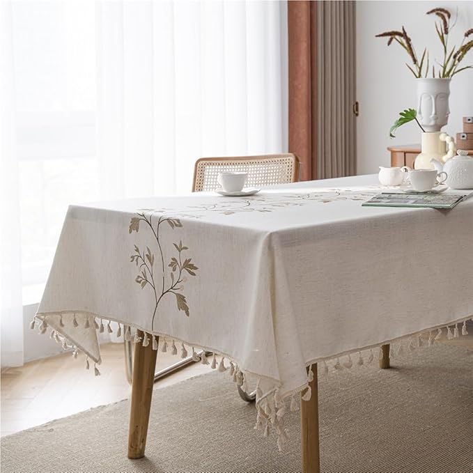 Rectangular Tablecloth Flower Embroidered Tablecloth Literary Round Table Tablecloth Suitable for Restaurant Camping(140 * 220cm)