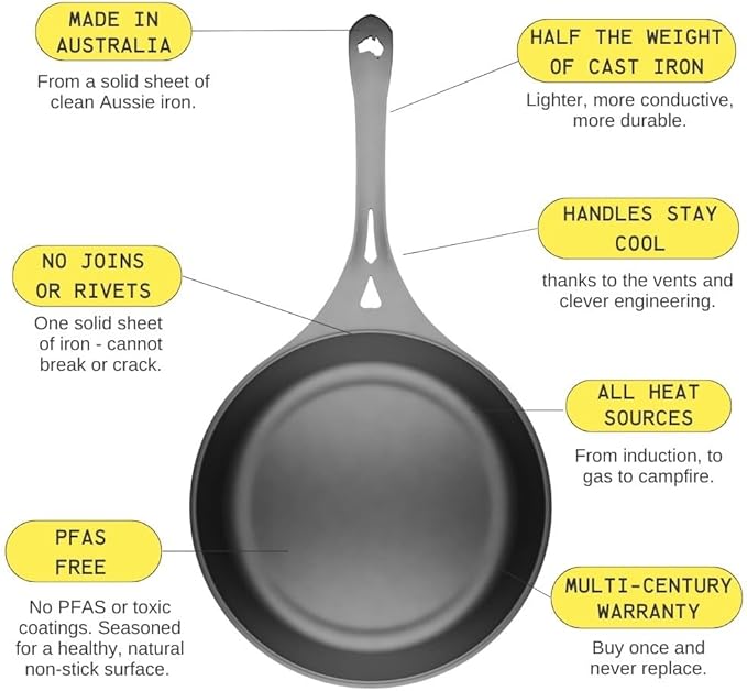 SOLIDTEKNICS AUS-ION Lightning Long Handle Skillet Set - 10-Inch Seasoned Iron Frying Pan with Lil Flippa Stainless Spatula & Mini Scraper - Stovetop, Oven Ready & Campfire Cooking