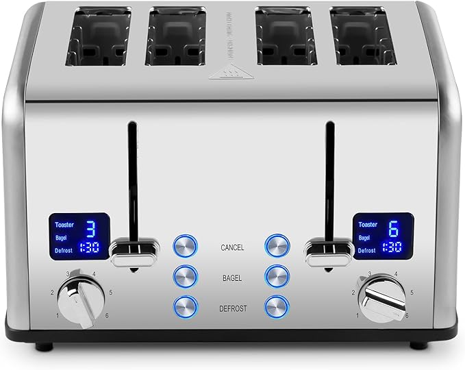 Stainless Steel Toaster, CUSIMAX 4 Slice Toaster with Smart LED Display, Exart Wide Slots, 6 Shade Settings, 1650 Watts, Bagel and Defrost Fuction, Cancel Button, Removable Crumb Trays