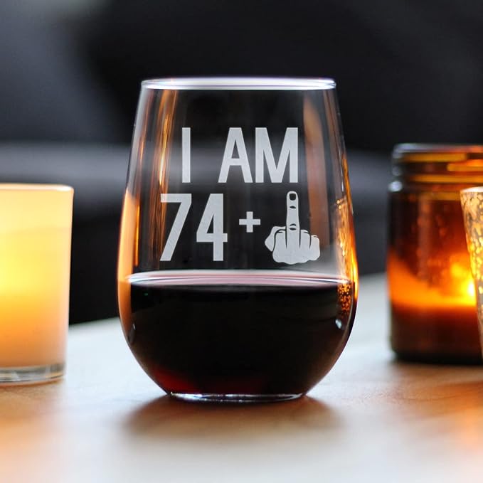 74 + 1-75th Birthday Stemless Wine Glass for Women & Men - Cute Funny Wine Gift Idea - Unique Personalized Bday Glasses for Mom, Dad, Friend Turning 75 - Drinking Party Decoration