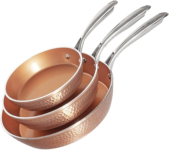 Gotham Steel Hammered Frying Pan Set, 3 Piece Nonstick Copper Fry Pans, 8”, 10” & 12” Skillet, Omelet Pan, Cookware, PFOA Free, Dishwasher Safe, Cool Touch Handle