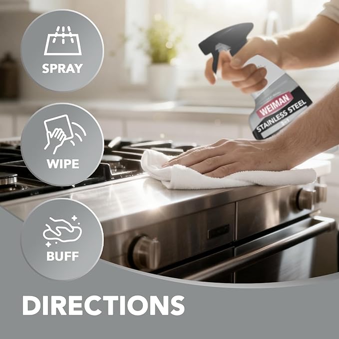 Weiman Stainless Steel Cleaner and Polish, 3-in-1 Stainless Steel Cleaning Spray for Appliances, Cuts Grease & Grime, Removes Fingerprints, Smudges, Residue & Water Spots, Streak-Free Shine
