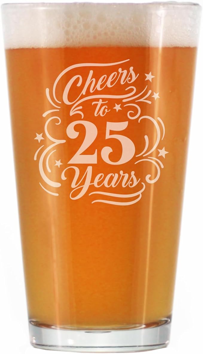 Bevvee Cheers to 25 Years - Pint Glass for Beer - Gifts for Women & Men - 25th Anniversary Party Decor - 16 Oz Glasses