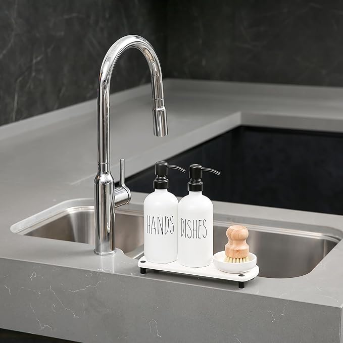 MOMEEMO White Soap Dispenser Set Comes with Stainless Steel Pumps, Instant Dry Tray, and Dish Scrub Brush, Suitable for Kitchen Accessories and Farmhouse Decor. (White)