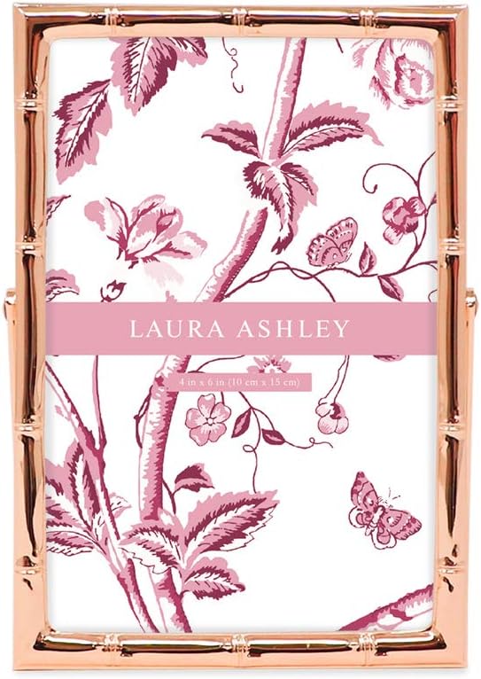 Laura Ashley 4x6 Rose Gold Bamboo Metal Picture Frame (Vertical) with Pull-Out Easel Stand, Made for Tabletop, Counterspace, Shelf and Desk