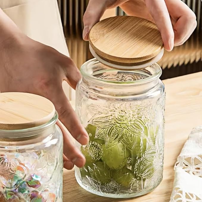 ANSQU Vintage Glass Jar with Lid, 23.7oz Airtight Glass Storage Canister Glass Food Storage Containers for Kitchen Counter, Pantry, Decorative Jar for Coffee, Tea, Sugar, Candy Cute Jar