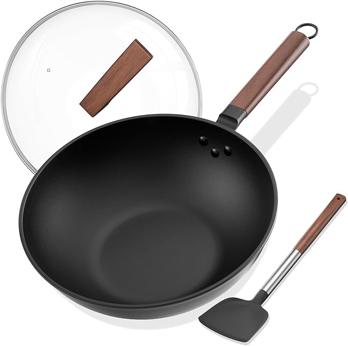 Carbon Steel Wok - Including Glass Cover and Silicone Spatula, 13-Inch Woks & Stir-Fry Pans for Induction, Electric, Gas Stoves