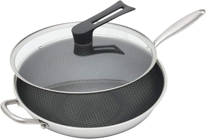 13 Inch Wok Pan with lid, Food-Grade Stainless Steel Woks & Stir-fry Pans Nonstick, Dishwasher and Oven Safe, Cooking Pan Compatible with Gas & Induction Cooker
