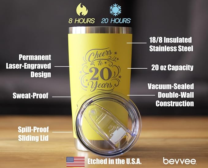 Bevvee Cheers to 20 Years - Insulated Coffee Tumbler Cup with Sliding Lid - Stainless Steel Insulated Mug - Gift for 20th Anniversary - Yellow
