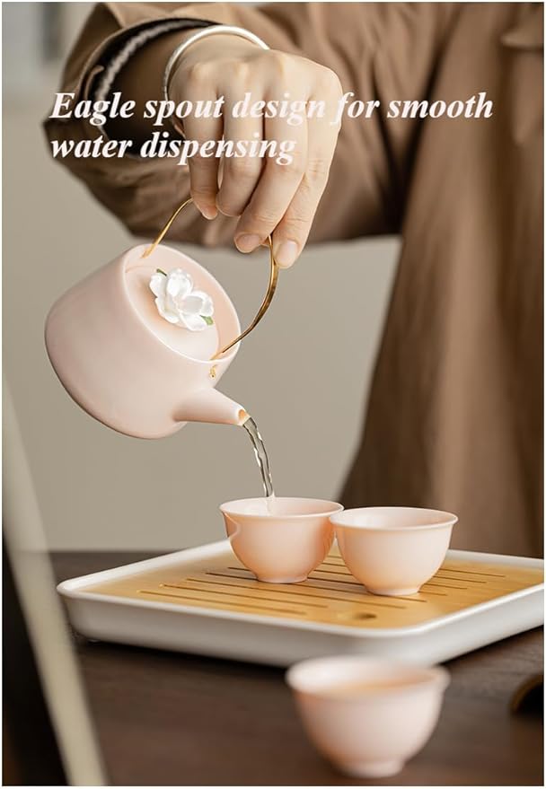 Japanese Porcelain Tea Set, Pink Kungfu Teapot Set with 1 Teapot, 4 Tea Cups, 1 Tea Tray, for Adults, Tea Lover/Women/Men/Office/Home (Pink)
