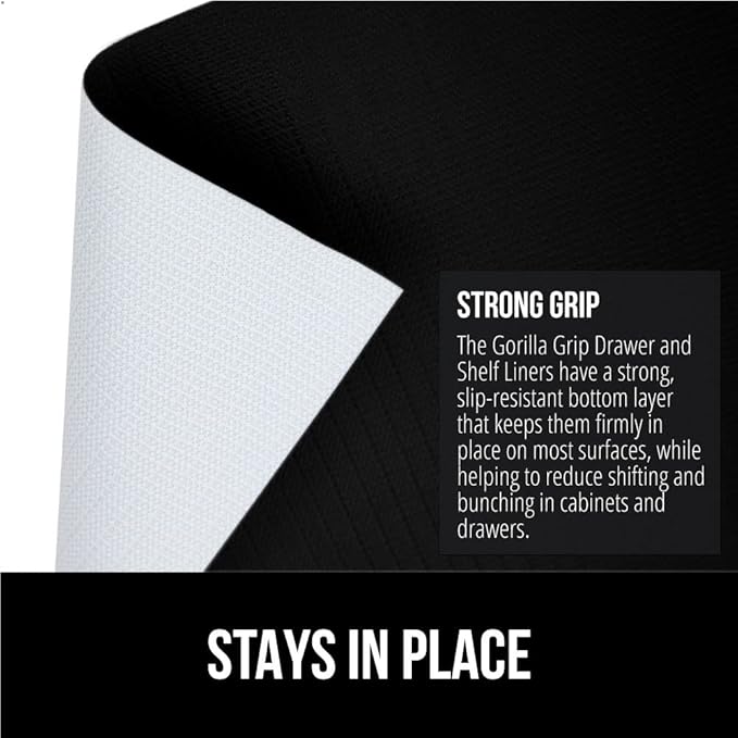 GORILLA GRIP Slip Resistant Drawer and Shelf Liner 2 Pack, Non Adhesive Water Resistant, Easy Clean and Trim, Smooth Surface Liners for Kitchen Cabinet, Shelves, Drawers, Pantry, 12 in x 10 FT, Black
