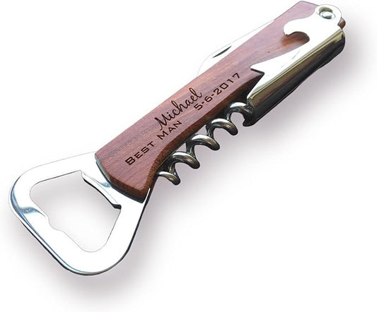 Engraved corkscrew opener, Personalized wood bottle opener, Wine corkscrew, custom bottle opener, Groomsman bottle openers, / Laser Engraved