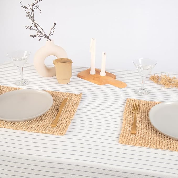 MONDAY MOOSE Striped Farmhouse Picnic Style Decoration Rectangle Natural Stonewashed Cotton Tablecloth for Kitchen, Dining Room, Restaurant (60x120 inch, White/Black Stripes)