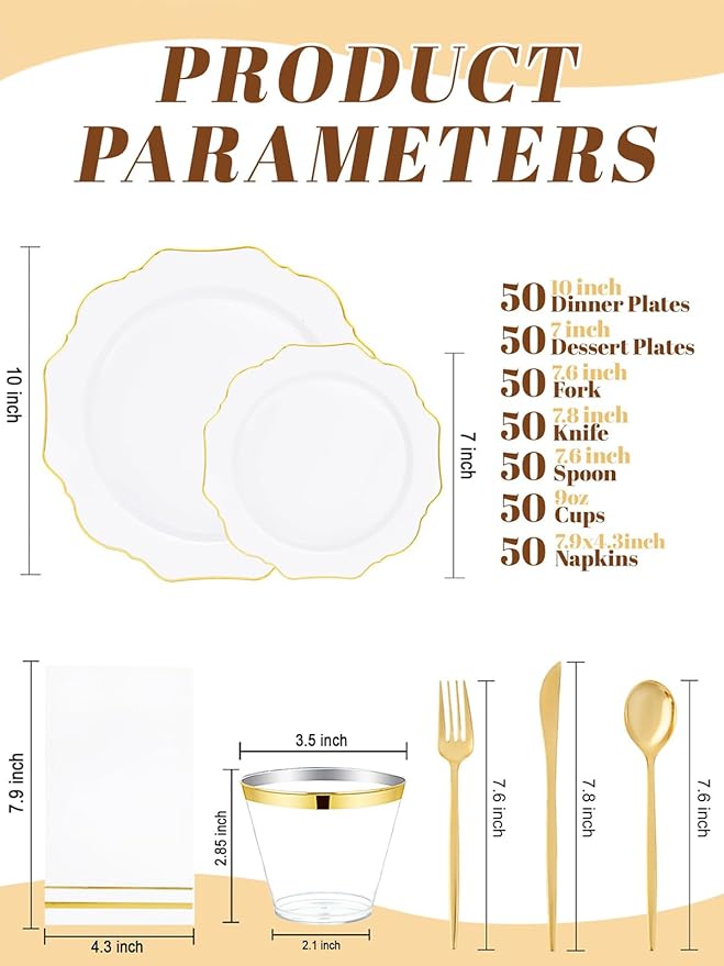 WDF 350PCS White and Gold Plastic Plates - Gold Plates Disposable 50Guest Plastic Dinnerware Ideal for Party/Wedding/Birthday/Valentine's Day
