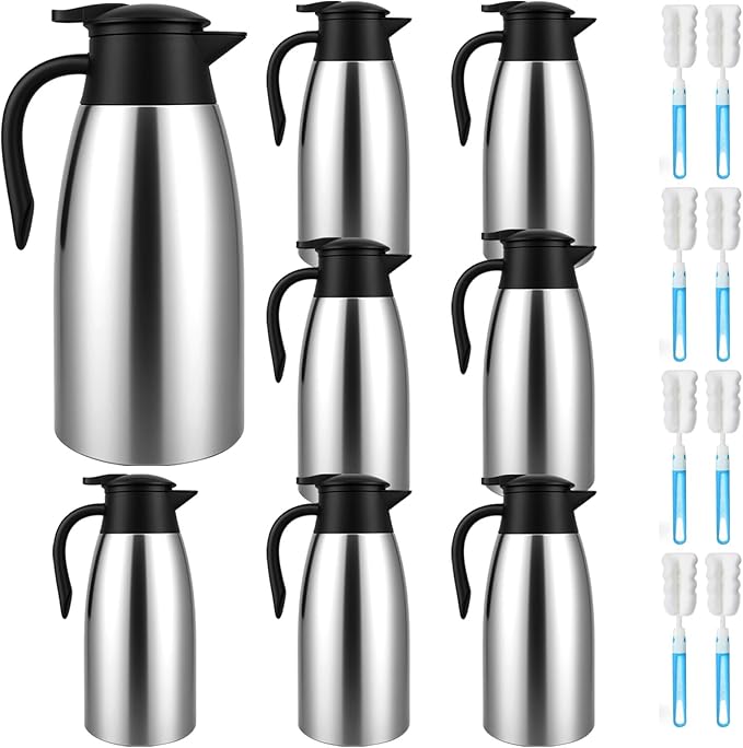 8 PCS 68 Oz Thermal Coffee Carafe with 8 PCS Brushes, SUS 304 Stainless Steel Double Walled Vacuum Insulated Coffee Carafes for Keeping Hot 12 Hours, Cold 24 Hours, Carafe for Hot Liquids, Beverages