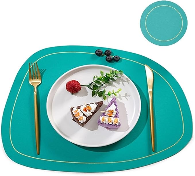 PU Leather Round Placemats and Coasters Easy to Clean Faux Leather Elegant Kitchen Parties Patio Dining Table Place Mat(SP Cyan)