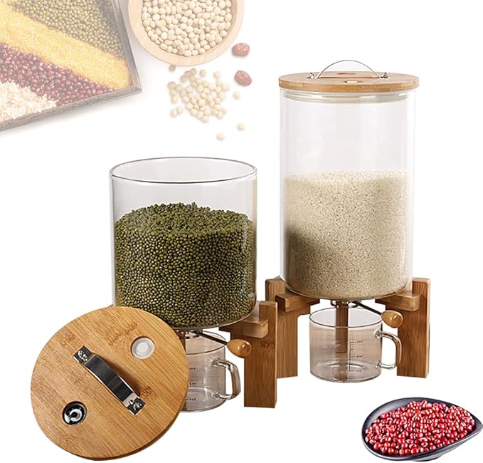 Rice Storage Containers Creative Glass Clear Container Rice Bucket with Measuring Cup and Wooden Stand Kitchen Storage Separate Grain Rice Bucket Cereal Dispenser for Kitchen and Pantry Store (7.5L)