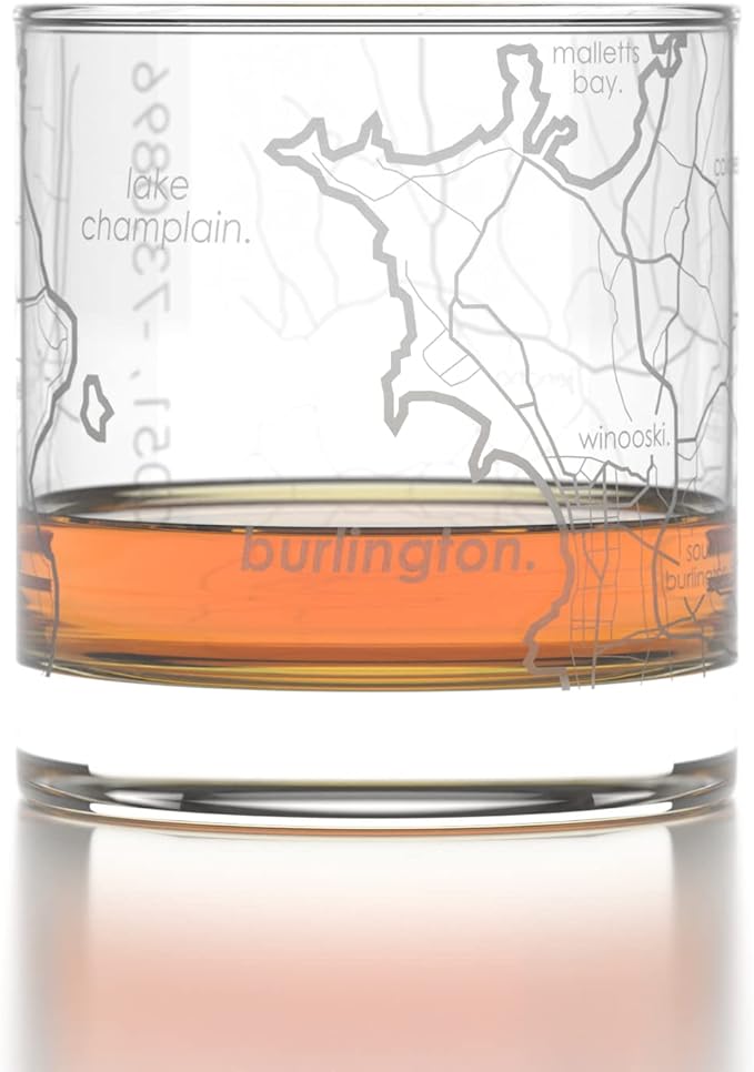 Well Told Engraved Burlington Vermont Map Rocks Glass, Old Fashioned Whiskey Glass (11 oz, Clear) Etched Whiskey Glass, Gifts For Whiskey Lovers