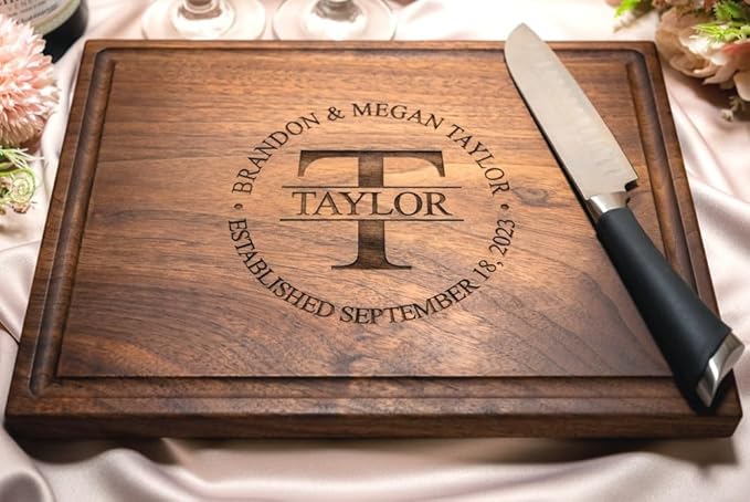 Personalized Cutting Board, Custom Wedding, Anniversary or Housewarming Gift Idea, Wood Engraved Charcuterie, for Couples, Family and Clients (Circle Initial 007)