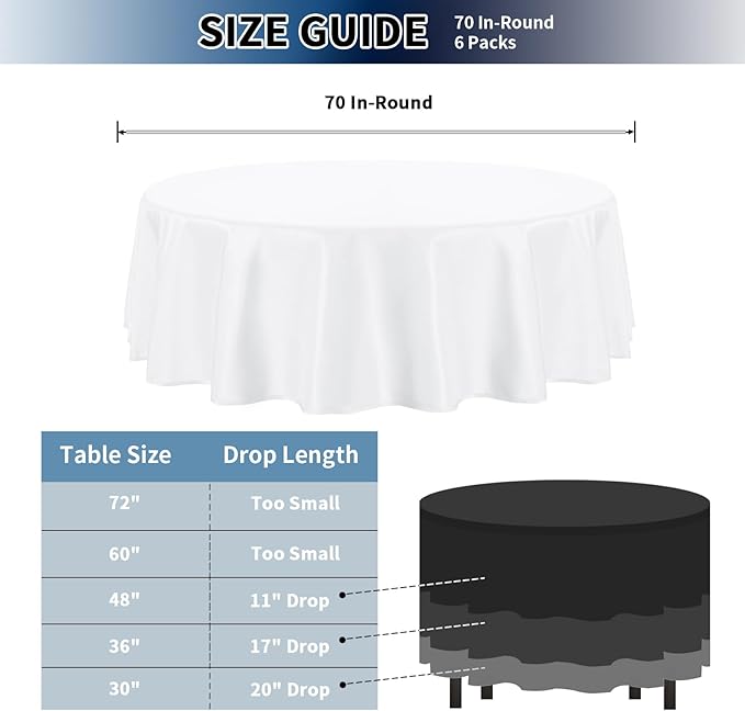 PureFit 6 Pack Round White Table Cloths 70 Inch for Round Tables, Stain and Wrinkle Resistant Table Linens for Home Use, Wedding, Party, Banquet and Camping