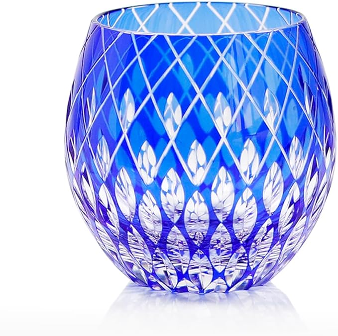 JINZHI Japanese Style EDO Kiriko Whiskey Glasses 11OZ Unique Shape Colored Hand Carved Crystal Glass Tumbler for Bourbon Lovers - Style Glassware for Rum - Rocks Glasses in Gift Box (Sky Blue)