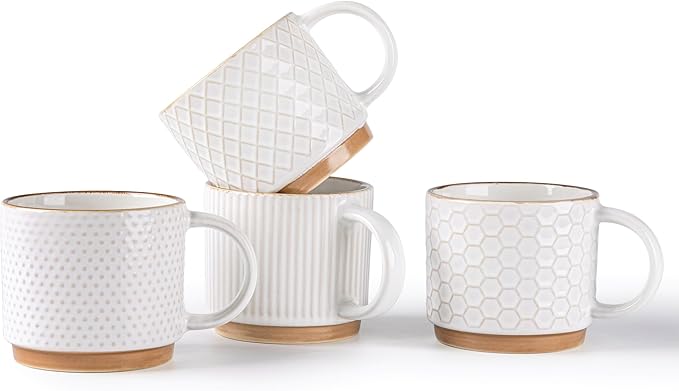 GBhome 6OZ Stackable Coffee Mugs, Ceramic Coffee Mugs with Texture Patterns for Man,Woman,Dad,Mom, Modern Coffee Cups Set of 4 for Espresso/Cappuccino. Dishwasher&Microwave Safe