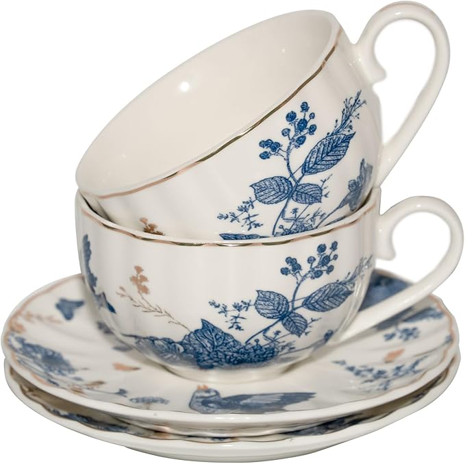 Tea Cups and Saucers Coffee Cappuccino Espresso Latte Cup Mugs Special Gold Line Ceramic Cup Porcelain Tea Cups Set of 2 (7 oz) for Gifts,Party,Gatherings, Afternoon Teas,Receptions