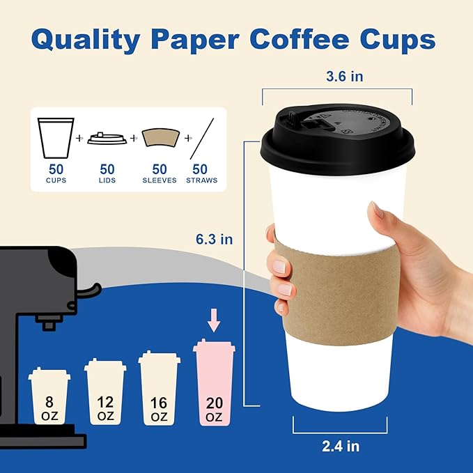 20 oz 50 Pack Coffee Cups with Lids and Sleeves, Straws, Hot Disposable To Go Travel Paper Cups Bulk for Office, Home Coffee Bar Accessories, Chocolate, Cocoa, Beverage (White)