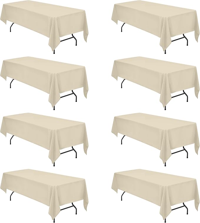 BRILLMAX 8 Pack Beige Tablecloths 60 x 126 Inch for 8ft Rectangle Tables - 150 GSM Polyester Fabric, 15" Standard Drop, Water, Stain & Wrinkle Resistant Cloth Cover for Wedding Banquet Dining Buffet