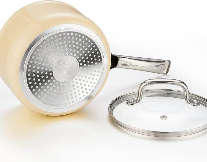 MSMK 1.5 QT PFAS-FREE Ceramic enamel saucepan with Tempered Glass Lid, Rice Burnt also Non stick, Dishwasher and Oven Safe, Induction Ready, Compatible with All Cooktops, Butter color