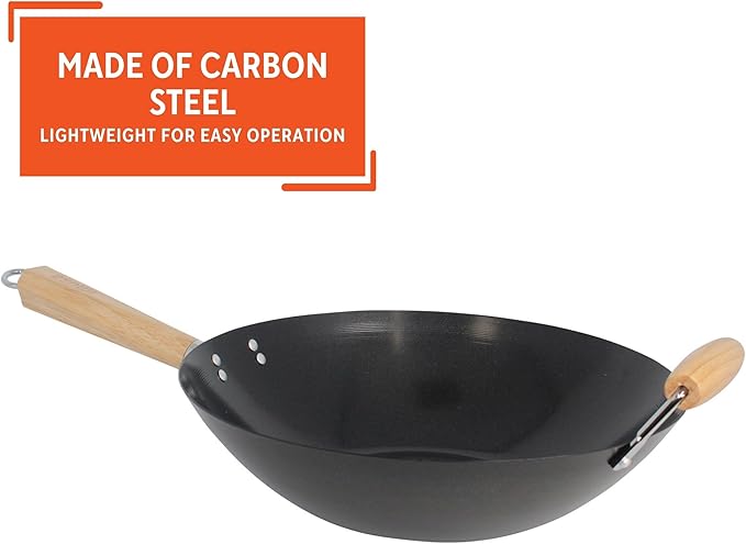 IMUSA 14in Carbon Steel Nonstick Wok with Wood Handles, Black