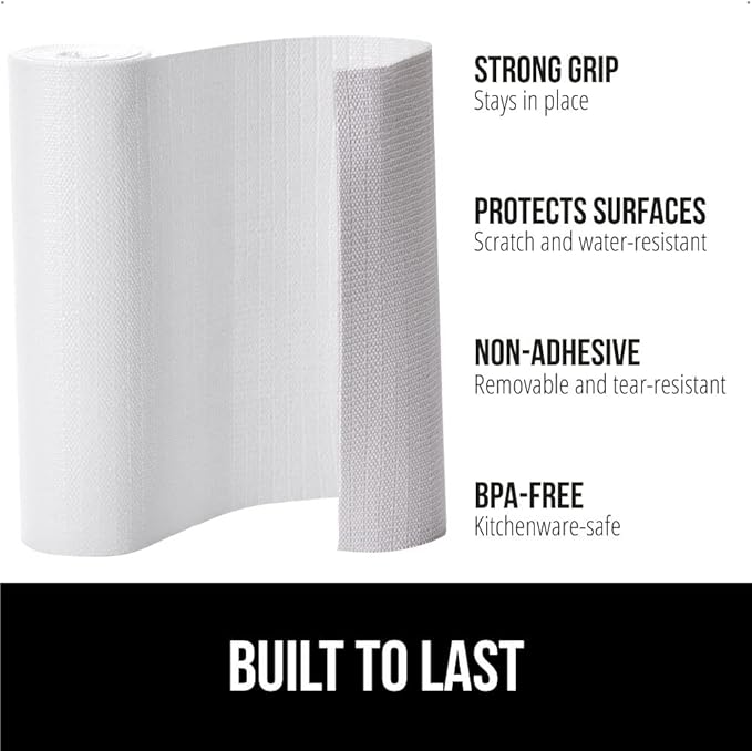GORILLA GRIP DripGuard Shelf Liner, Non Adhesive Drawer and Kitchen Cabinet Protector, 20x240 Inch, Slip Resistant BPA Free Smooth Surface Plastic Liners for Cabinets, Bathrooms, Closets, White