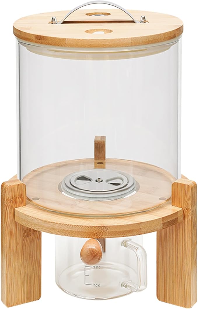 Flour and Cereal Container, Rice Dispenser 5L Glass Food Storge Container for Kitchen Organization and Pantry Store, with Airtight Lid, Measuring Cup and Wooden Stand