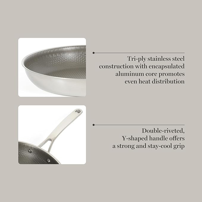Martha Stewart Badgley Hybrid Nonstick 11 Inch TriPly Stainless Steel Large Fry Pan & Stay Cool Handle - Laser Etched Non-Toxic Perfect Sear Nonstick Skillet - Dishwasher and Induction Safe