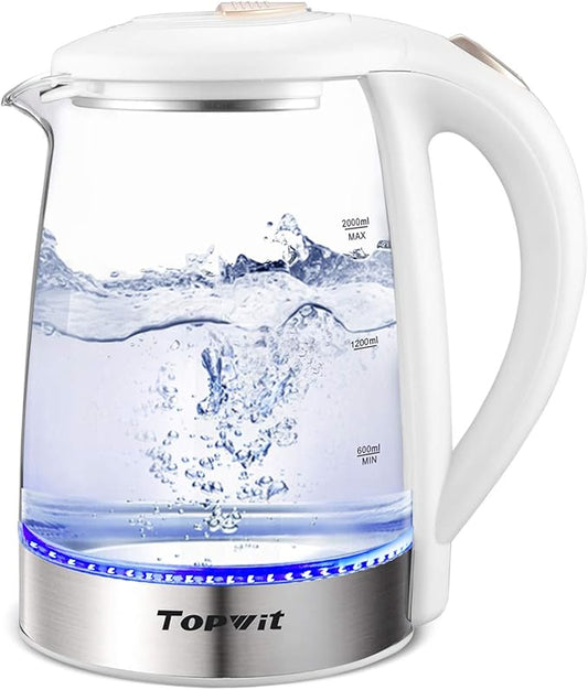 Topwit Electric Kettle Glass Electric Tea Kettle, 2L BPA-Free Hot Water kettle, Stainless Steel Inner Lid and Bottom Water Warmer, Fast Heating with Auto Shut-Off and Boil Dry Protection, White