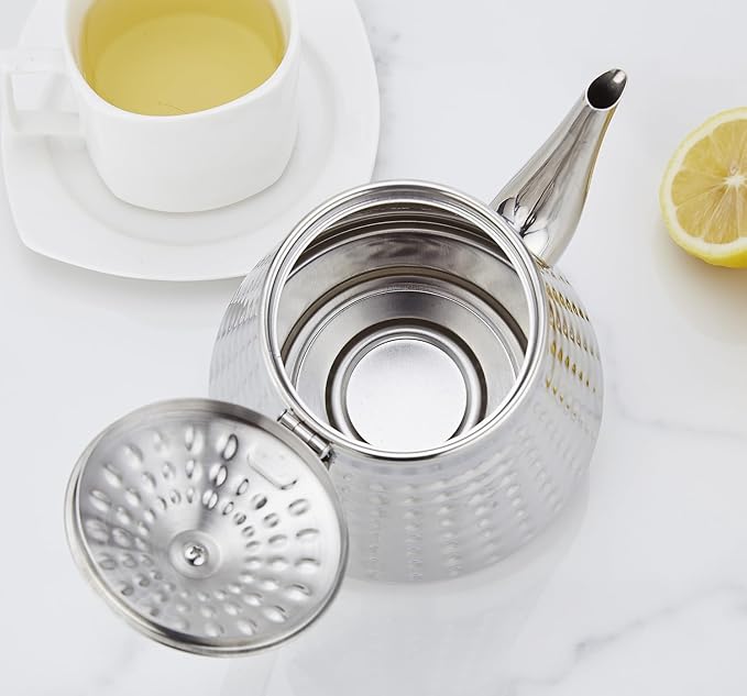 SANQIAHOME 1.2L(40oz) Stainless Steel Hammer Patterned Teapot With Removeable Infuser,Loose leaf cover,Silver