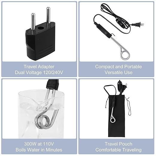 Portable Immersion Cup Mug Water Heater Traveling/Camping Accessories - 300W with On/Off Switch - 120/240V Dual Voltage Travel Adapter - Electric Kettle Alternative - Warmer for Tea Coffee Hot Drinks