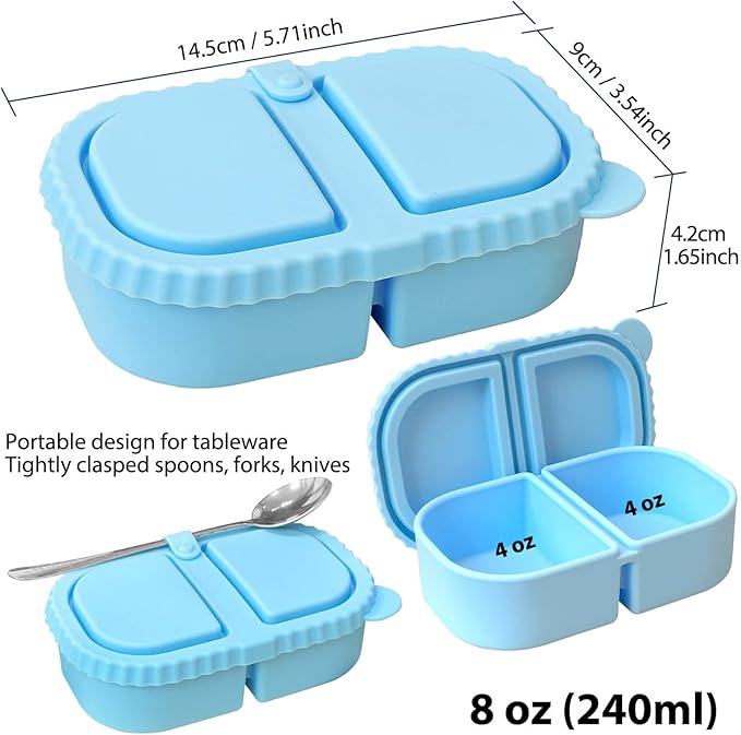 Silicone Reusable Snack Containers with Lids, 2 Compartment 8 oz Food Storage Containers Snackle Condiment Boxes Salad Dressing Sauce Seasoning Small Box for Travel Office Picnic 2 Pack Blue Orange