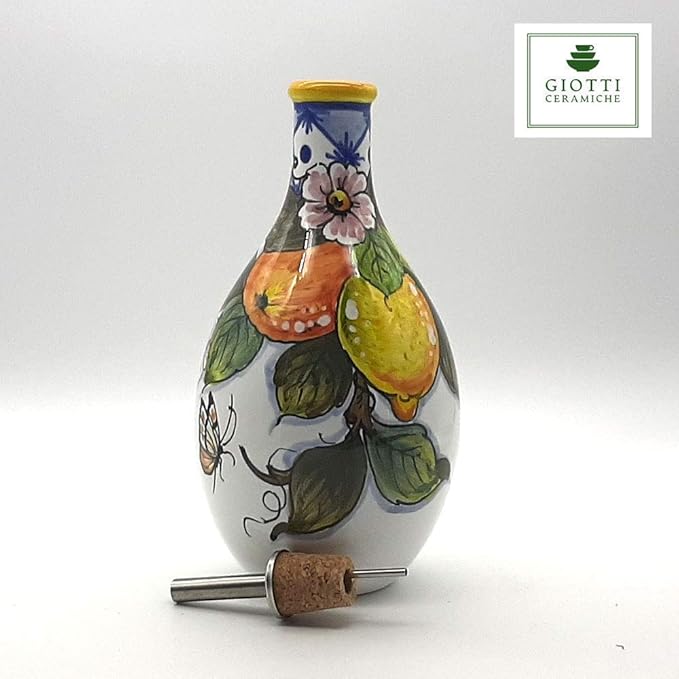 Italian Ceramic Olive Oil Dispenser Bottle - Hand Painted Oil Cruet Lemon Fruits Design for Kitchen - Made in ITALY Tuscany - Italian Pottery