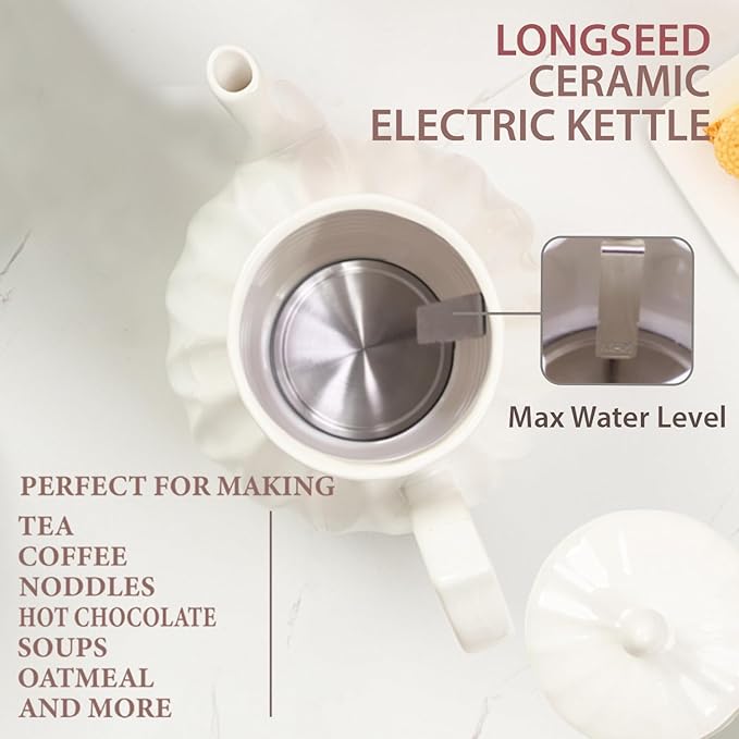 Ceramic Electric Kettle, 1.5L/1200W Boil Water Quickly and Easily with Boil-Dry Protection Auto Shut Off, Detachable Swivel Base, Diamond Cut Glazed
