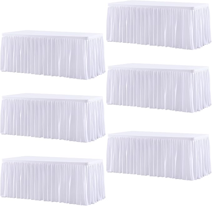 Wish Care 6 Pack White Rectangle Table Clothes for 8 Foot Tables, Polyester Fitted Tablecloths 8ft Stretch Table Cover for Wedding, Birthday, Parties, Trade Show, Craft Show