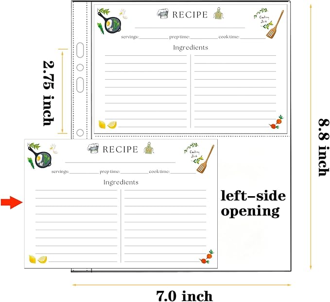 Recipe Card Page Protectors, fit 6-Ring Recipe Binder & 3-Ring Binder (8.5" x 9.5"), 2 Pockets Per Page, Recipe Binder Refill Pages