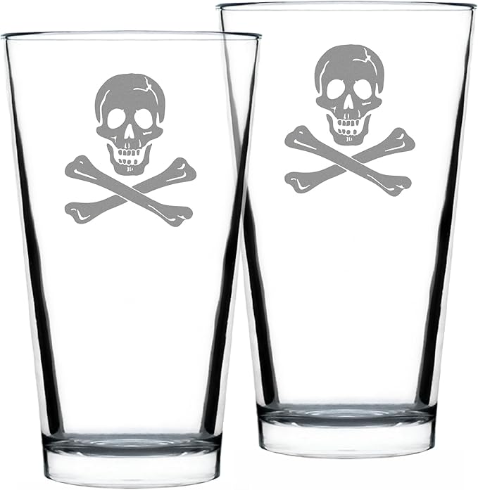 Bevvee Skull and Crossbones Pint Glass for Beer - Skull Decor and Jolly Roger Flag Gifts - Set of 2-16 Oz Glasses