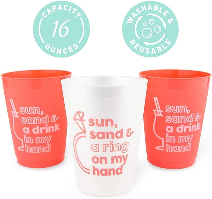 Stag & Hen Sun & Sand Bachelorette Party Cups - 12 Pack, 16 oz Cups | Custom Personalized Drinkware for Summer or Beach Theme Bridal Shower, Engagement Party | Bridesmaids Gifts, Favors, Decor