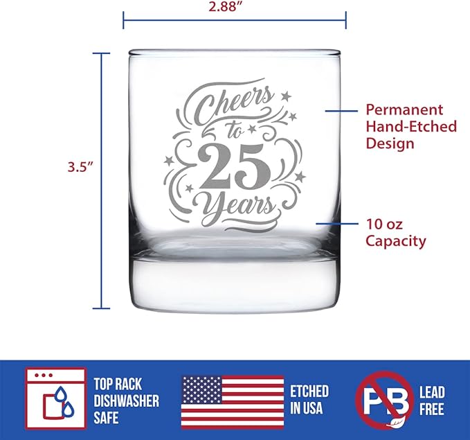 Bevvee Cheers to 25 Years - Whiskey Rocks Glass Gifts for Women & Men - 25th Anniversary Party Decor - 10.25 Oz Glasses