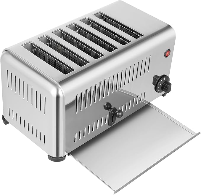 6 Slices Toaster with 5 Bread Shade Settings, Commercial Baking Machine, Wide Slot Stainless Steel Toaster 1680W 201 Stainless Steel for Various Bread Types