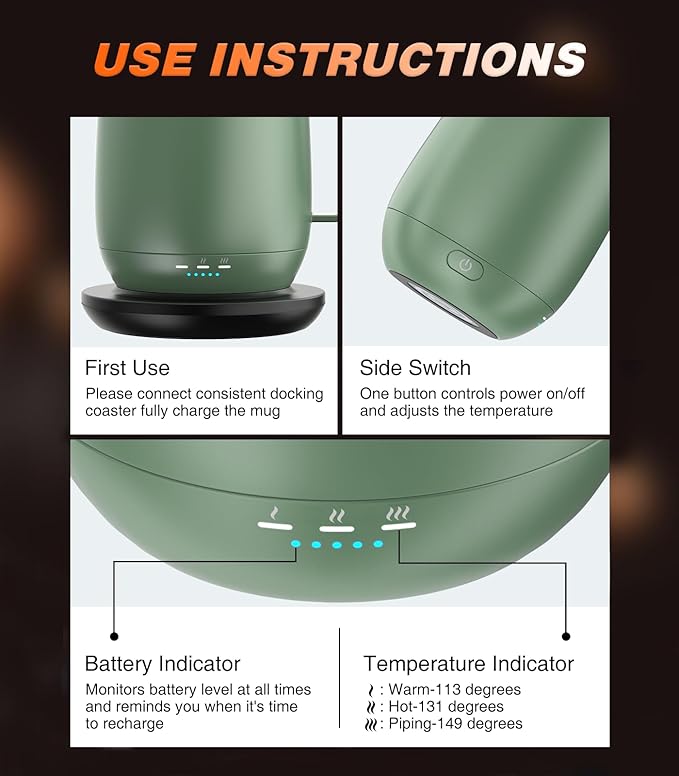 Kepwam Self Heating Coffee Mug T2, 16oz Smart Heated Coffee Mug, 150 Min Battery Life - Hot up to 149℉ Temperature Control Coffee Mug Warmer, Gifts for Dad Mom (No APP)