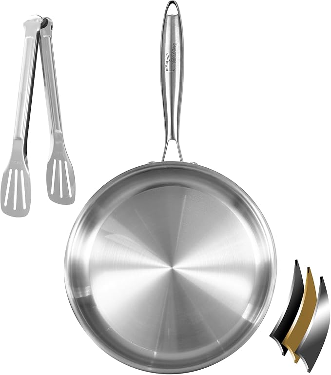 Tri-ply Stainless Steel Frying Pan 12 Inch Large Skillet for Chef's Cooking Pan Induction Oven Dishwasher Safe, Compatible with All Cooktops Up to 600℉ with Kitchen Tongs(Detachable Handle)