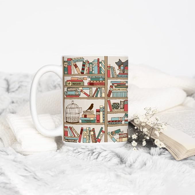 Loftipop Book Lover Coffee Mug, Bookish Librarian Bookworm Bibliophile Gift, Books and Cats (15oz)