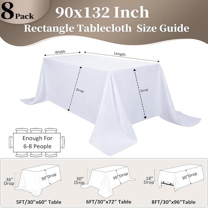 8 Pack White Table Cloth 90x132 Inch Rectangle Tablecloths for 6 Foot Rectangle Tables, Wrinkle Resistant Washable Polyester Fabric Rectangular Table Cover for Dining Banquet Wedding Party